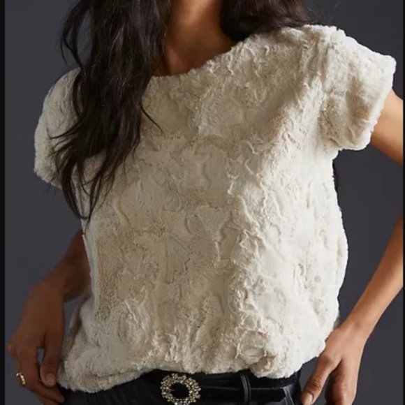 Anthropologie - Maeve Faux Fur Cream Tee - Size M - Picture 1 of 10